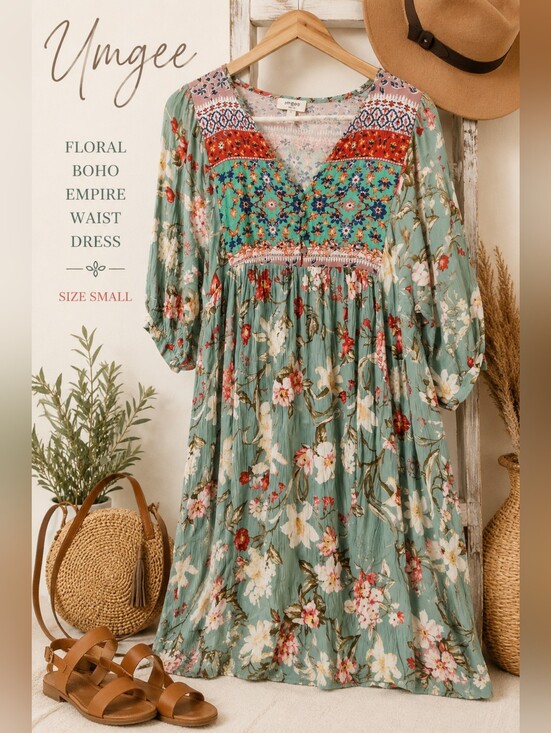 Umgee Dresses & Skirts - Umgee Floral Boho Empire Waist Dress Sage Green Size Small